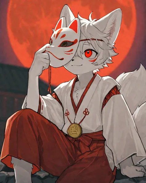 source_ furry， furry male，elementary school students，((boy)),fox boy,short hair,masterpiece, newest,absurdres, incredibly absurdres, bright eyes, detailed eyes,short hair, facial mark, multiple tails, messy hair,depth of field,A boy in a fox mask sits on t...