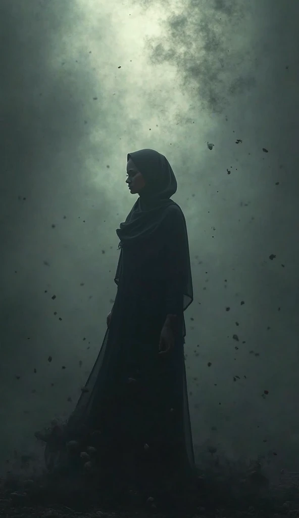 A realistic silhouette of a Muslim women standing in the center, with dark smoke or shadowy particles gently dissolving and floating away from their body, symbolizing the removal of bad deeds