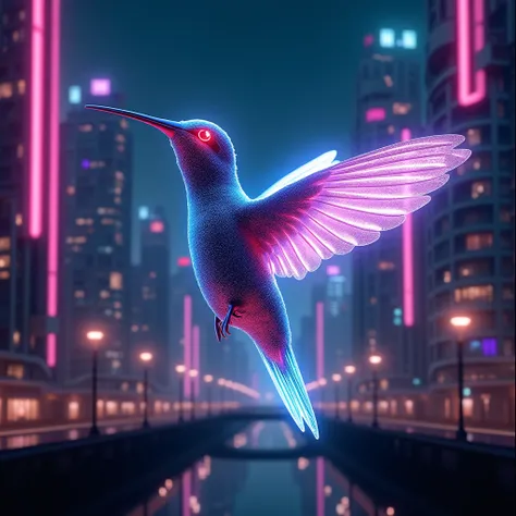 Realstick hummingbirds, "A futuristic neon-colored hummingbird with glowing wings, hovering in a cyberpunk city at night, reflecting the vibrant neon lights of the skyline."
