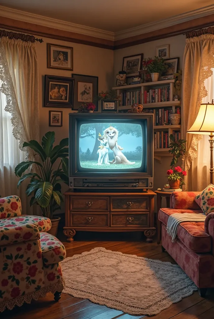 The living room of a grandmother's house, with a focus on television and the Disney videotape furniture