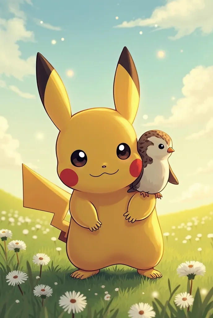 "A highly detailed, realistic illustration of Pikachu, the iconic yellow Pokémon with black-tipped ears, red cheeks with electric pouches, and a lightning bolt-shaped tail, standing in a verdant green field dotted with dandelions having white, fluffy seed ...