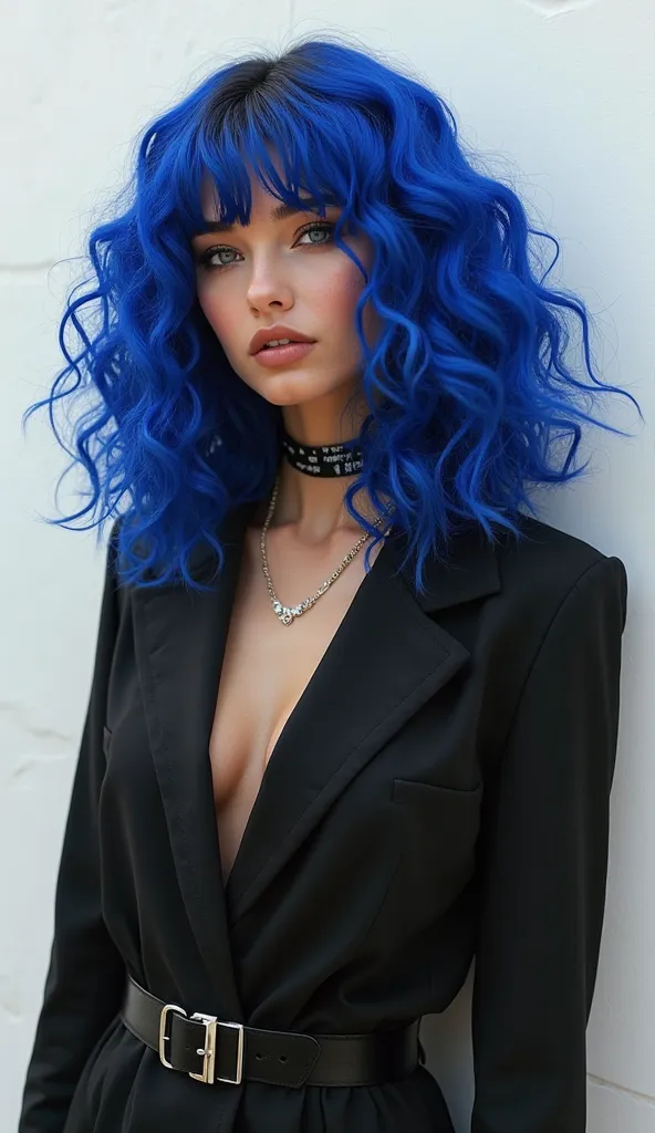 "Modern influencer with long cobalt-blue curvy hair, dressed all in black. Black and white Background.