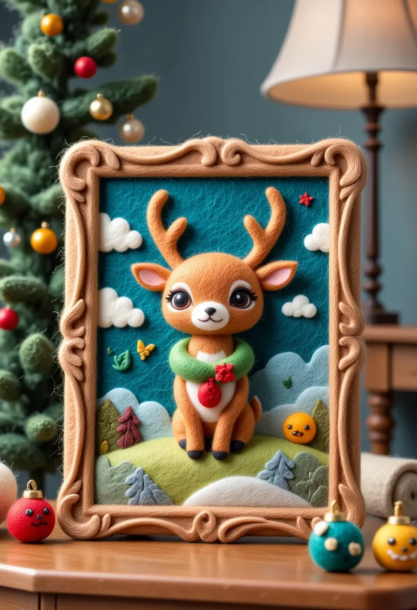 A beautifully framed felt painting is placed on the table： Close-up of a deer wearing a wreath and ornaments, Beautiful wooden picture frame，  Add details , needle felt art, Delicate plush toy , illustration!, Anthropomorphic deer, Wool Felt Art, Tradition...