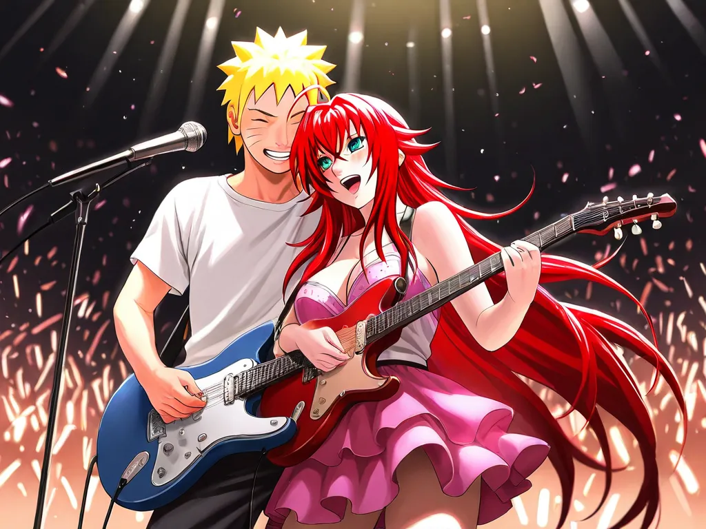 high resolution image, masterpiece, best quality , amazing quality, Naruto Uzumaki , Rias Gremory , Singing Together  , concert , Rias Gremory singing  ,  Naruto Uzumaki singing and playing electric guitar , love , romance , duo , couple , smiles, happy