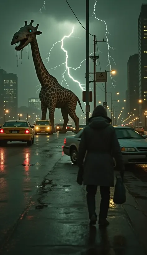 A towering nightmare of fused flesh and bone emerges from the shadows of a storm-laden New York City. This unholy hybrid of whale shark and giraffe stands grotesquely tall, its elongated, muscular body covered in thick, leathery skin marked with eerie, bio...