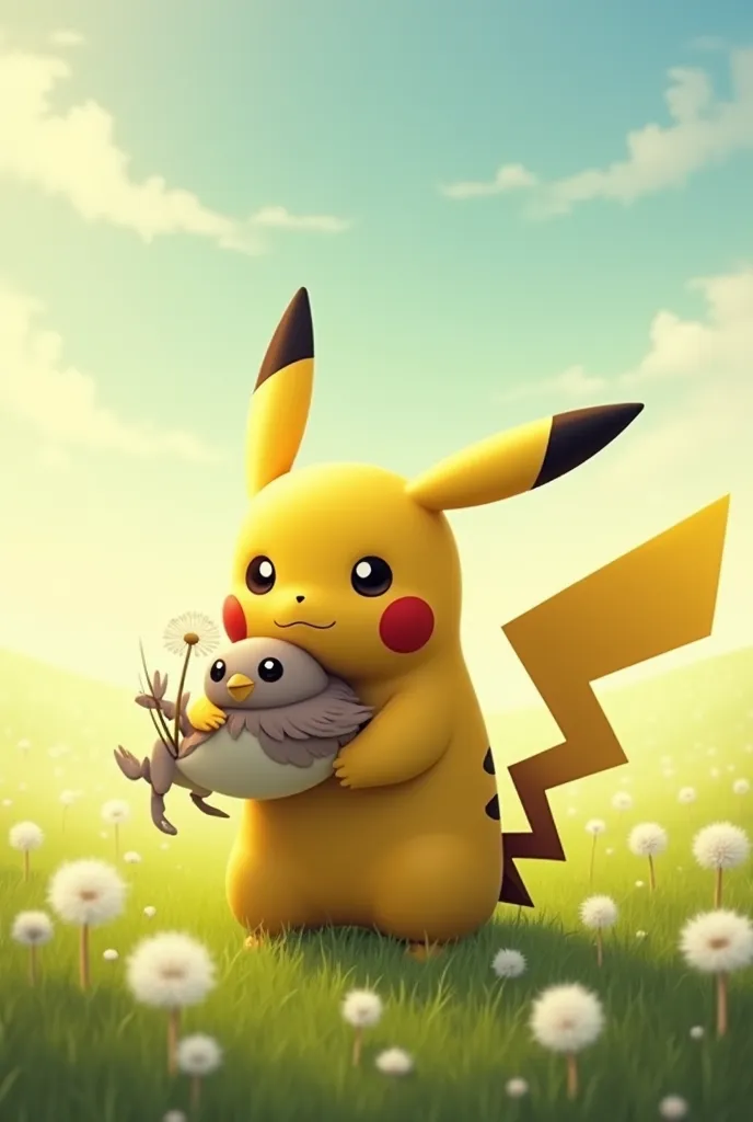 "A highly detailed, realistic Pikachu, the iconic yellow Pokémon with black-tipped ears, red cheeks with electric pouches, and a lightning bolt-shaped tail, standing in a verdant green field dotted with dandelions having white, fluffy seed heads. Pikachu h...