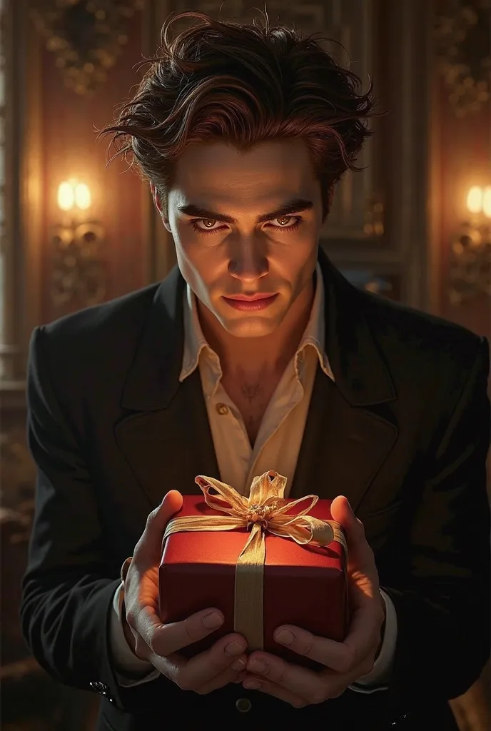 Edward Cullen from the movie Twilight holds a gift in his hands