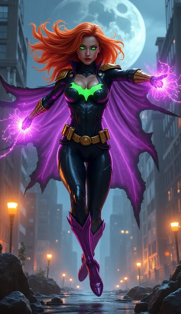 Design a hyper-realistic fusion of Starfire and Batman—a sleek, feminine warrior blending cosmic energy and stealth tech. Retain Starfire's unmasked face with glowing neon-green eyes, a toned, busty physique showing cleavage, big boobs , and Tamaranean mar...