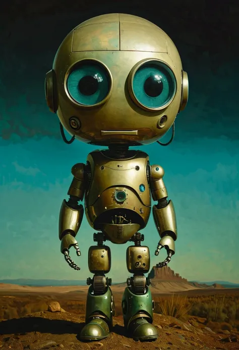 Full length view. Little funny robot, porcelain face and head, big turquoise eyes, perfect eyes, best quality. Beautiful cinematic impressionistic painting, Dark dramatic character. In the style of Andrew Wyeth, Charlie Bowett, Albert Joseph Penaud, Darius...