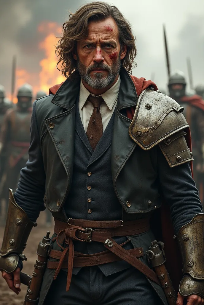  a man,  His hair is brown in waves .  He wears a tie and carries a sword in his hand.  He has some bruises on his face , His armor is worn ,  as a result of the war he is facing .