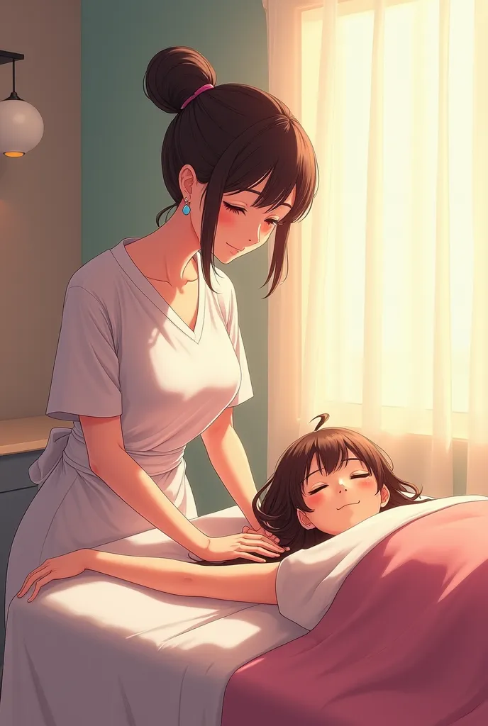 An image of a person giving a therapeutic massage to another on an anime-style stretcher 