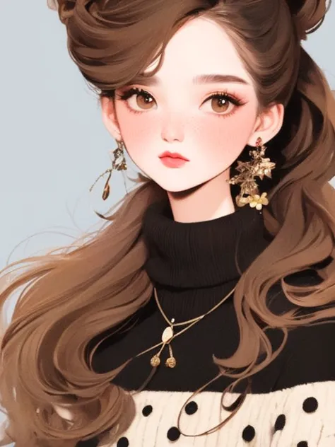 (masterpiece, Best Quality:1.2),flower arrangement art， watercolor painting ，irregular black lines，  A beautiful girl ，Skin details processing， The eyes are finely described ，delicate hair，ponytail， Black High Neck Sweater ，white geometric pattern，Sweater ...