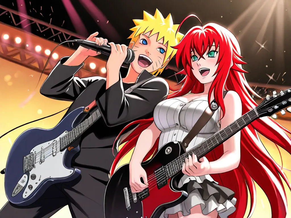 high resolution image, masterpiece, best quality , amazing quality, Naruto Uzumaki , Rias Gremory , Singing Together  , concert , Rias Gremory singing  ,  Naruto Uzumaki singing and playing electric guitar , love , romance , duo , couple , smiles, happy