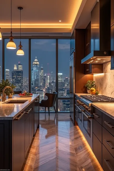 luxury apartment kitchen with large windows overlooking the buildings with night lights