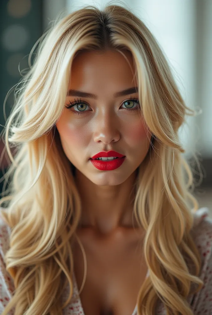 for Instagram , , Asian blonde, long hair, blonde,  writhing skinny , stockings, green eyes, red lipstick, glamorous makeup ,  detailed face. [25 years old,  many details,  runs away from the mountain High quality, HD,   Masterpiece  , necessary, anatomica...