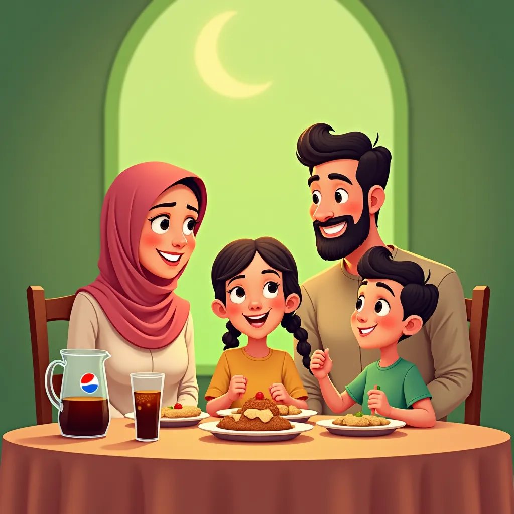   With a green background, a cartoon family consisting of a mother, father, daughter and son sitting at the table in the atmosphere of Ramadan drinking Pepsi 