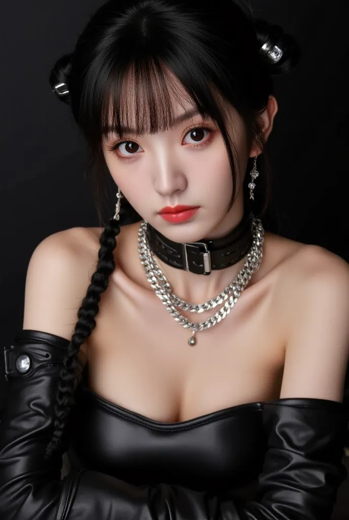 A strikingly alluring Korean woman adorned in BDSM attire commands attention. Her flawless complexion contrasts with the dark leather and metal accessories she wears. The image, likely a provocative photograph, captures her confidence and sensuality with a...