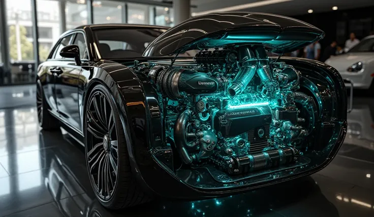 2025 black Rolls-Royce Ghost, engine One-quarter Colors: Primarily black with turquoise engine view  showroom mein acchi quality ka engine