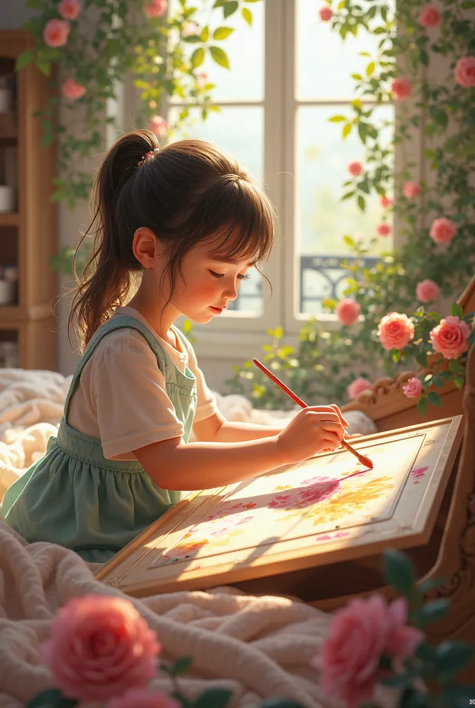 Spacious bedrooms, a bed with a board, a girl painting on the board and balcony roses 