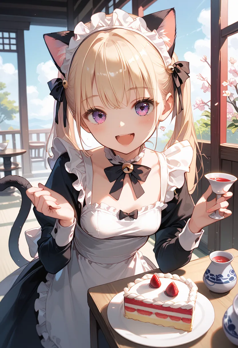 Score_9,Score_8_up ,Score_7_up ,highest quality anime,,masterpiece,1 girl,slim,small breasts,(Ideal slender proportions),(black_ long_hair,straight_bangs,maid costume,cat ears,cat tail,cat hands),(having 一升瓶 of sake and cake:1.6),(happy,fun:1.5)