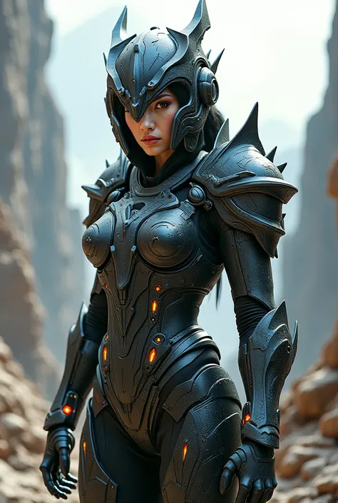 Women wearing dragon powered armour.she is wearing helmet with open her face.