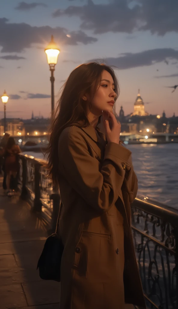 A confident European woman, 35-45 years old, stands by the river promenade in the evening, bathed in the golden glow of streetlights. She gently touches her face with a relaxed expression, enjoying the cool night air. Her eyes sparkle with a quiet sense of...