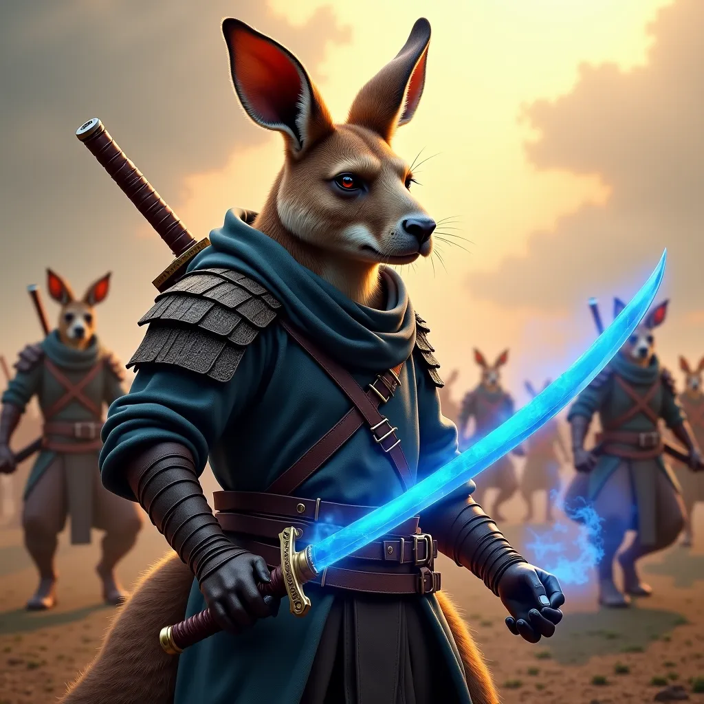 (photorealism:1.2), powerful kangaroo dark warrior, holding glowing blue katana blade with dark misty aura on the right hand, soft lighting, war battlefield in background, determined pose, realistic, intricate details, warm colors