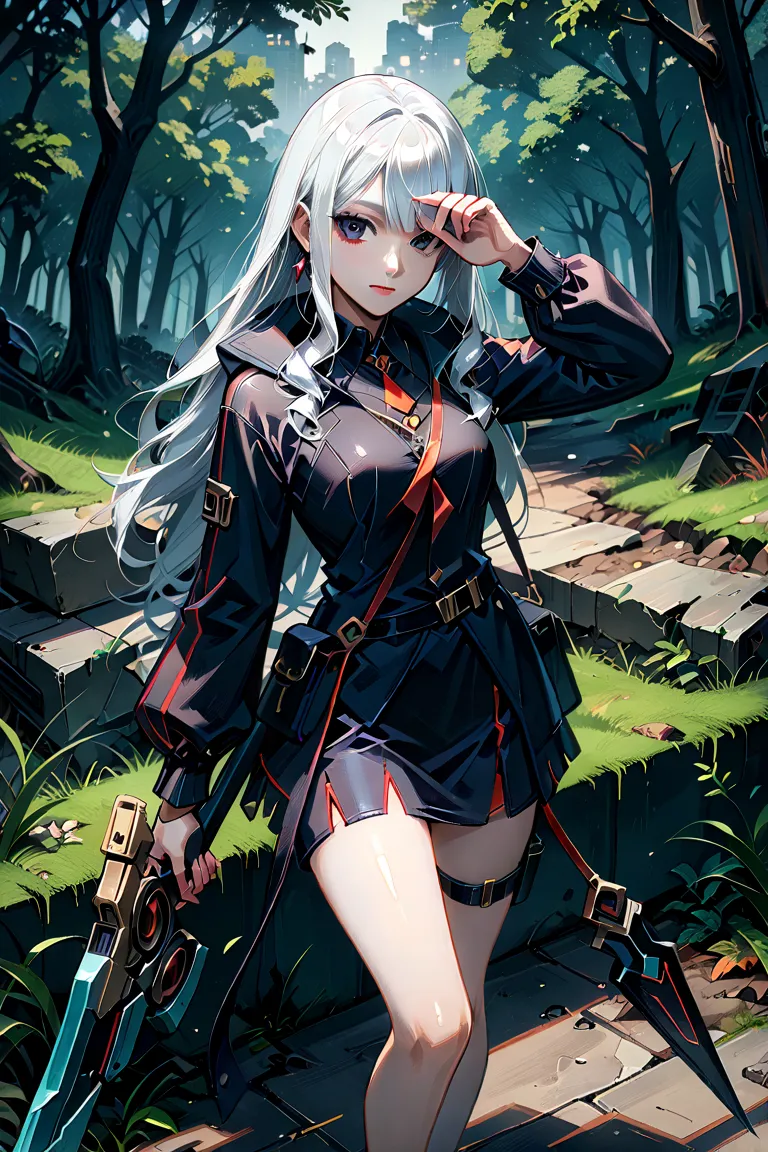 full body, Anime with a scythe and a sword in a dark room, a character portrait inspired by Li Chevalier, pixiv, fantasy art, white-haired deity girl, portrait of a female mage, her, and two glasses lenses sewn into the white mask on the hood, a detailed p...