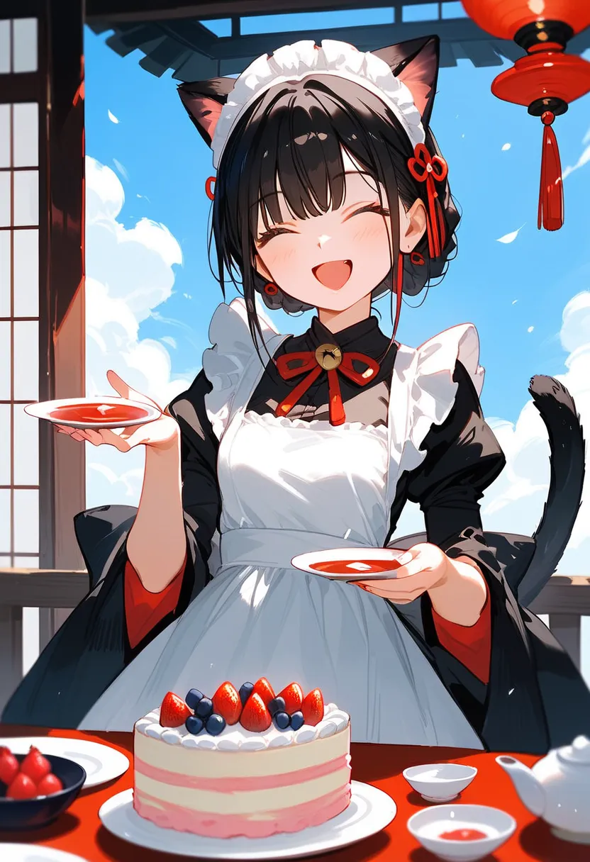 Score_9,Score_8_up ,Score_7_up ,highest quality anime,,masterpiece,1 girl,slim,small breasts,(Ideal slender proportions),(black_ long_hair,straight_bangs,maid costume,cat ears,cat tail,cat hands),(having 一升瓶 of sake and cake:1.4),(happy,fun,Loughing:1.4)