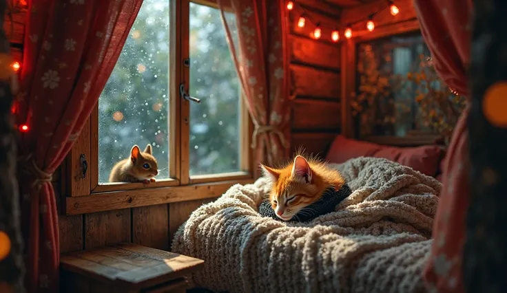 Inside the warm wooden treehouse, the night is quiet and peaceful, with only the soft sound of raindrops tapping against the glass window. The red fairy lights strung around the room glow faintly, casting a gentle warmth over the wooden walls. Outside, the...