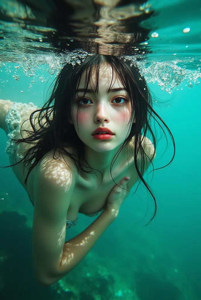 ((highest quality)), ((highest quality、masterpiece、High sensitivity、High Resolution、detailed description、depicting a delicate face)), Slender Woman、、 、Sea of emerald、swim、