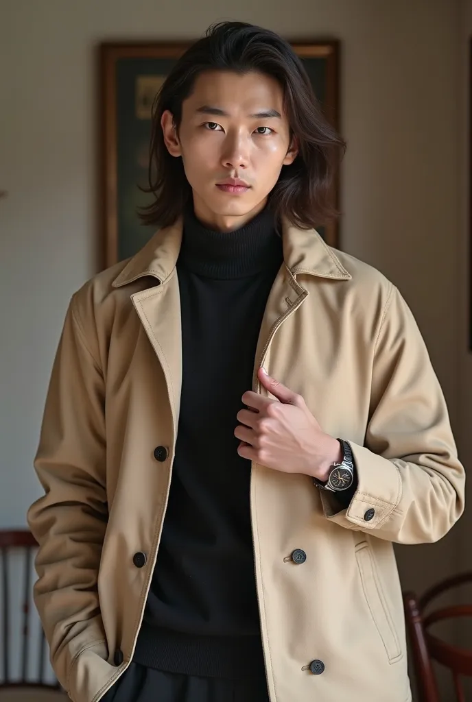 An Asian man of Korean origin with long hair down his ears has a beige jacket with a coat style underneath he has a black turtleneck shirt he has a watch in his hand he is already looking at the camera like an attractive and seductive look and his skin is ...