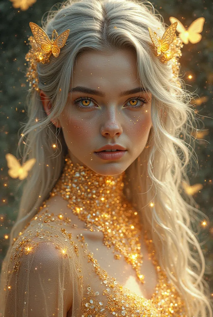 Gray Hair、with golden eyes、It is adorned with gold jewels、 透き通るような白い肌、 full body image、dynamic、nice、The golden butterfly is in the background、my eyes are staring here、  Transparency、illumination