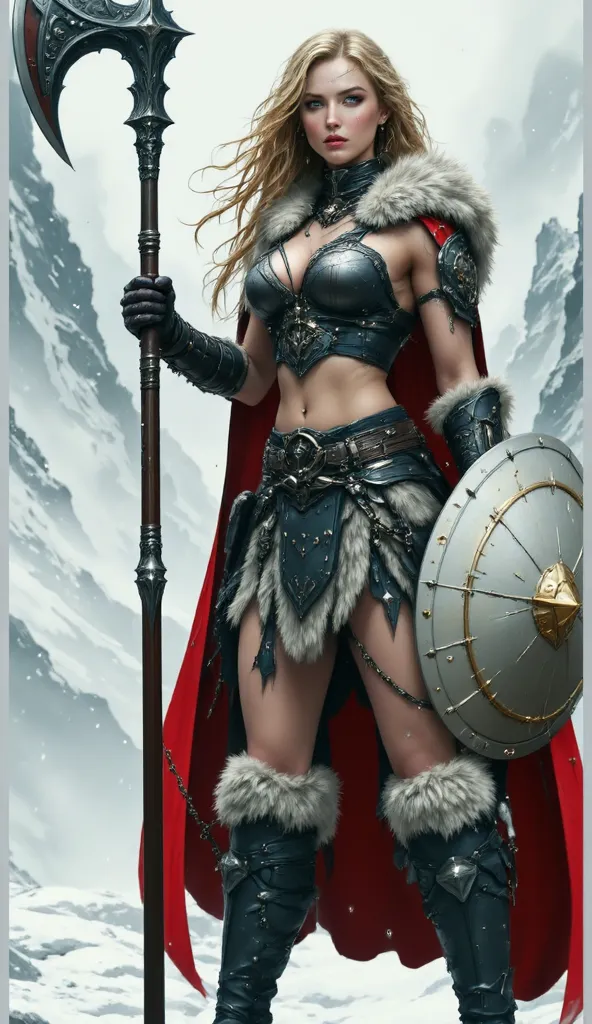 beautiful 25 years old of caucasian female, golden hair, shining and large dark eyes, long hair style, she is a sexiest barbarian warrior, wears a barbarian battle and with awesome cleavage, carried an axe and a shiel, huge boobs, extra large breast, sensu...