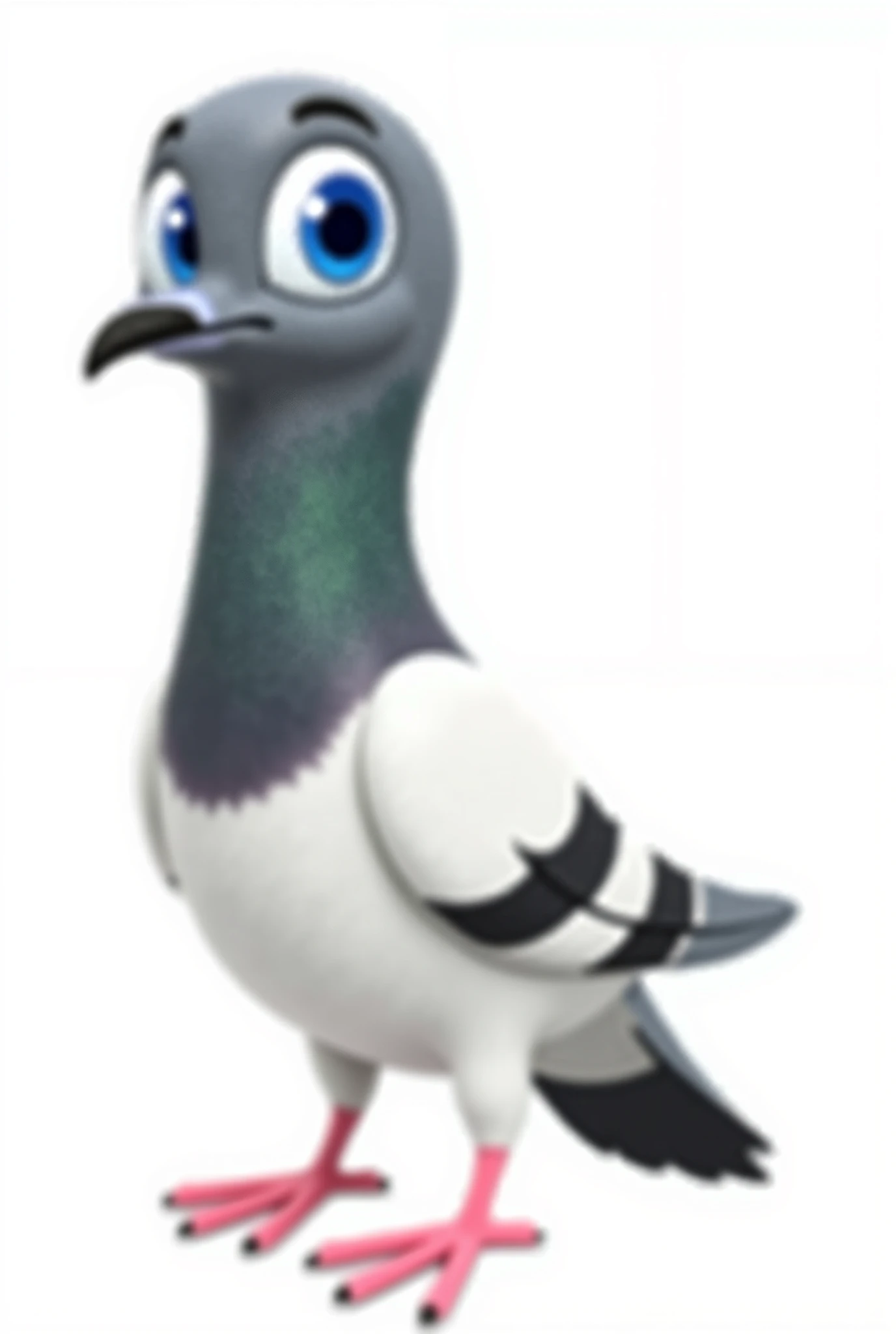 "Create a high-quality, cartoon-style pigeon character designed for animation. The pigeon should have a cheerful and expressive face with large, bright blue eyes that convey friendliness. Its beak should be slightly curved and open in a friendly smile. The...