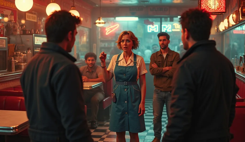 A dramatic confrontation inside a classic American diner at night, where Margaret, a strong-willed waitress in her early fifties, stands her ground against three to four arrogant young men in their early twenties. Margaret, positioned at the center, leans ...