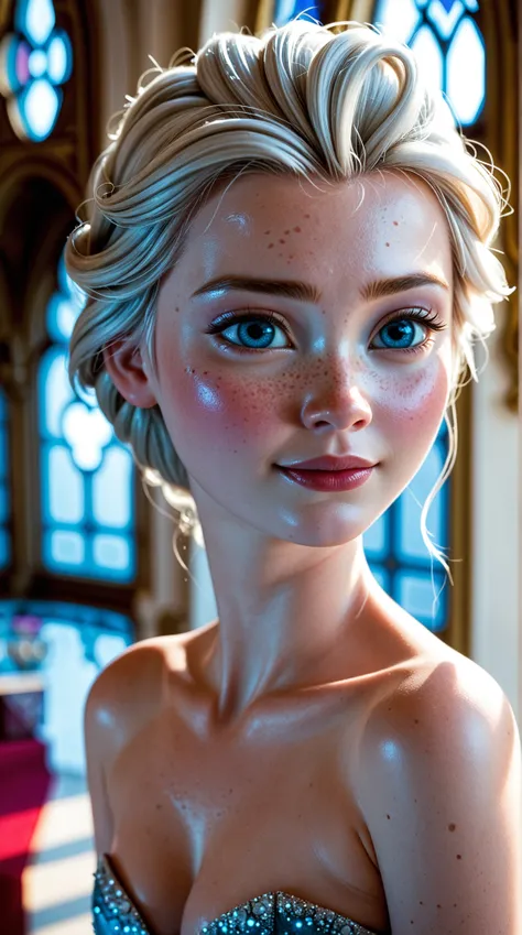 a girl (petite, skinny, prominent freckles, cheek and chin dimples, platinum blonde hair 1.4) (Her eyes are a captivating shade of light blue). In an enchanted frozen palace. She resembles Elsa from Frozen. (fully nude). Cinematic. Full body shot.