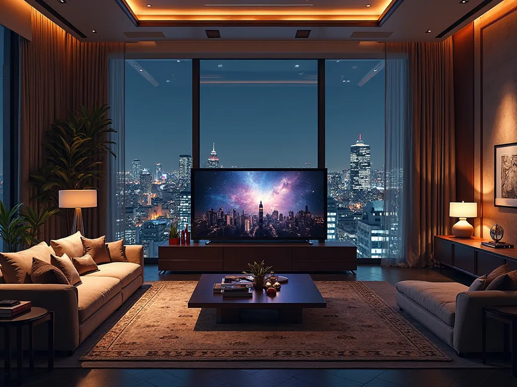 living room large luxury apartment with dark colors overlooking the city with buildings with lights at night with large windows, with large television