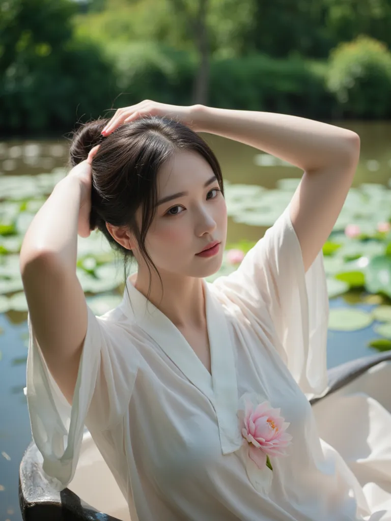 (Chinese)、((CHINESE CLOTHES))、 clothes are peeling、Beautiful skin、I'm tying my hair in a circle、Chinese bun hair、beautiful river with water lilies in the background、20 years old、woman, cute、super detailed,(((realistic, photo realistic, photo-realistic:1.37...