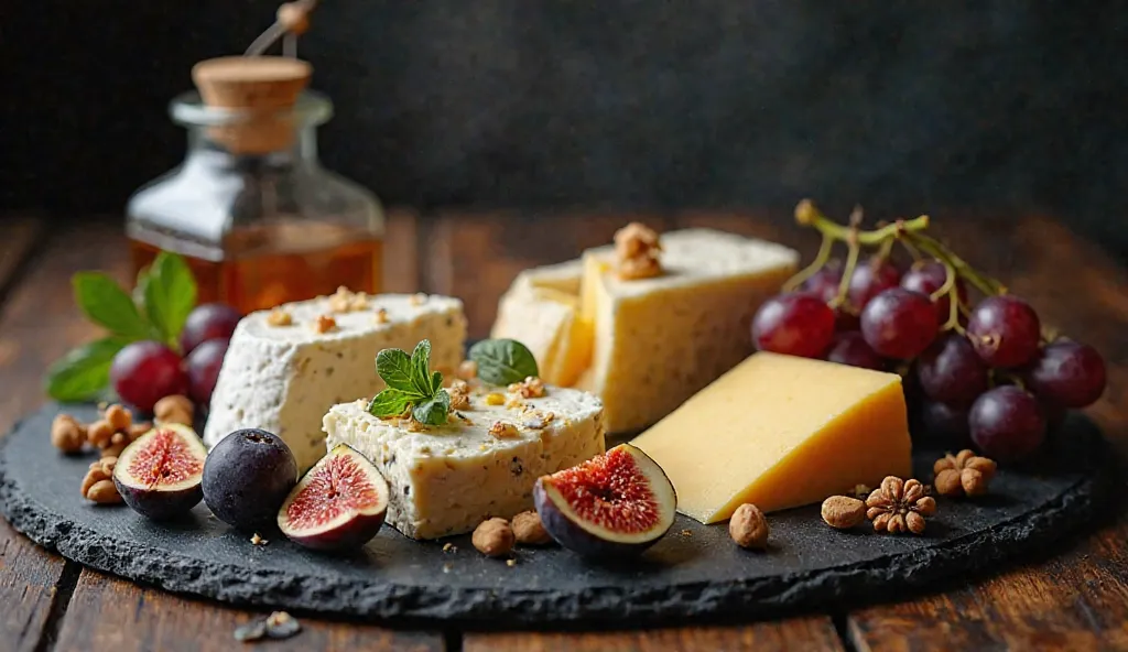 An elegant cheese platter with a variety of gourmet cheeses, figs, grapes, nuts, and honey, arranged on a slate board with a dark moody background, shot in ultra-high detail with professional lighting.