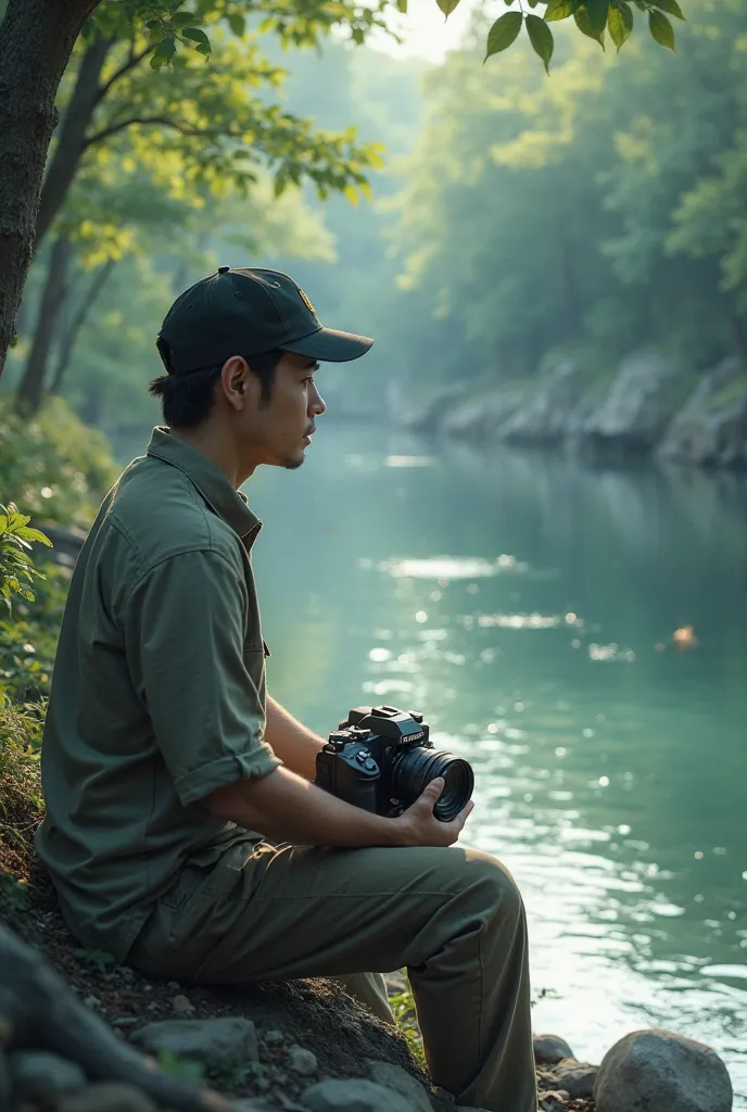 Man with camera wearing cap sitting lonely near river sitting peacefully 