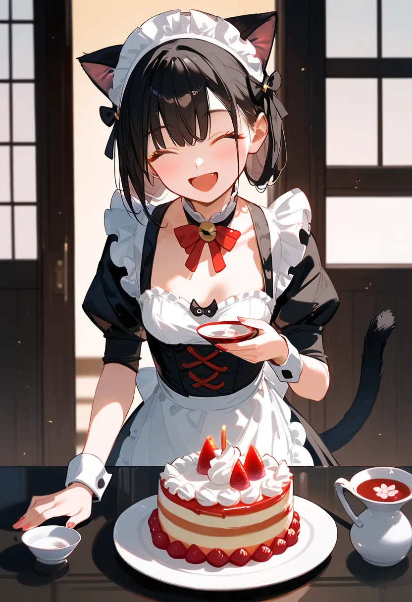 Score_9,Score_8_up ,Score_7_up ,highest quality anime,,masterpiece,1 girl,slim,small breasts,(Ideal slender proportions),(black_ long_hair,straight_bangs,maid costume,cat ears,cat tail,cat hands),(having 一升瓶 of sake and cake:1.4),(happy,fun,Loughing:1.4)