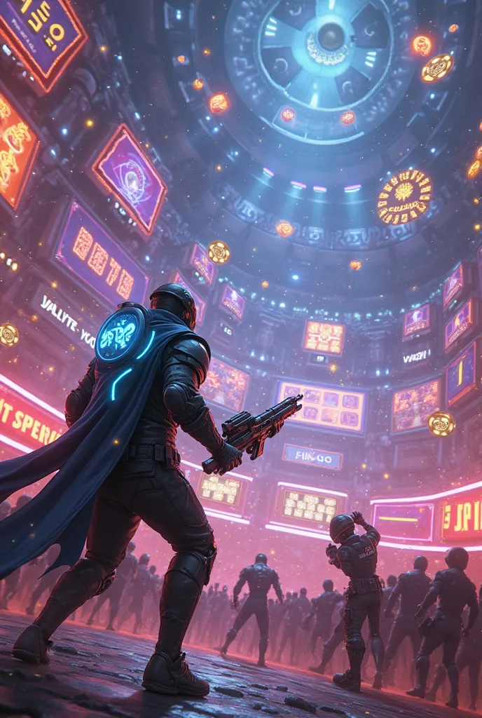 "A futuristic eSports battle arena, glowing with neon lights and digital holograms, where elite cyber-gamers engage in a high-stakes casino-themed battle royale. The central character, a futuristic warrior in sleek black and neon-blue cyber armor, wields a...