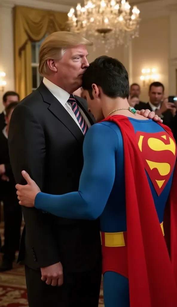 Two men in the banquet hall .  The one on the left is US President Trump  ,  wearing a black tight suit ,  serious expression .  US President Trump hugging Noah Baker wearing a blue Superman costume and wearing a red cape from behind,  a shiny emerald crys...