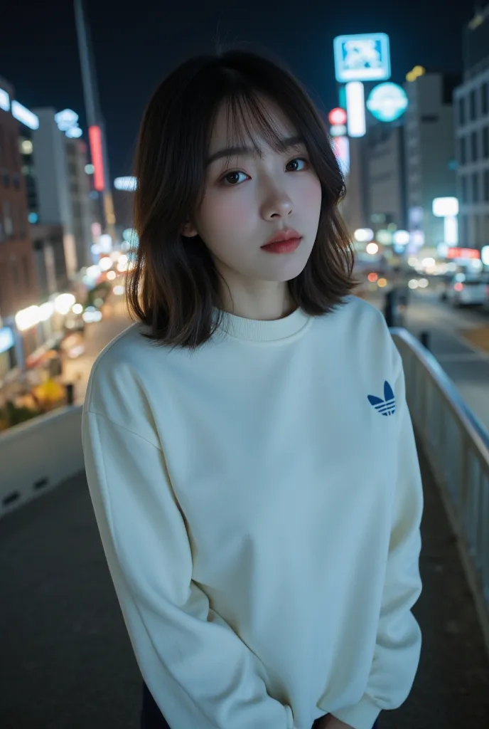 1girl, beautiful, medium hair, white oversize sweatshirt, oversize_shirt, sweatpants, night city, ((from above, fisheye, wide angle shot)), (photorealistic:1.2), (ultra realistic:1.3), (very detailed:1.1), ((masterpiece)),