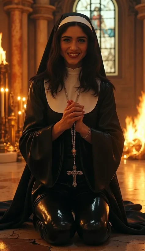 Hyperrealistic 8K photograph, intricate details, (lustful nun:1.3) kneeling in a burning opulent cathedral at night, wearing a skin-tight black latex nun habit with traditional white bib and loose coif (veil) draped over her shoulders, strands of dark hair...