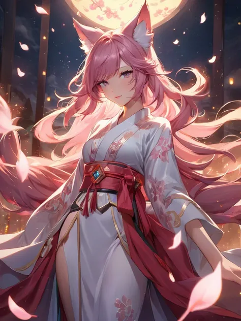  League of Legends、Ahri、pink hair、 fox ears、Nine tails、Glamorous kimono 、 cherry blossoms at night