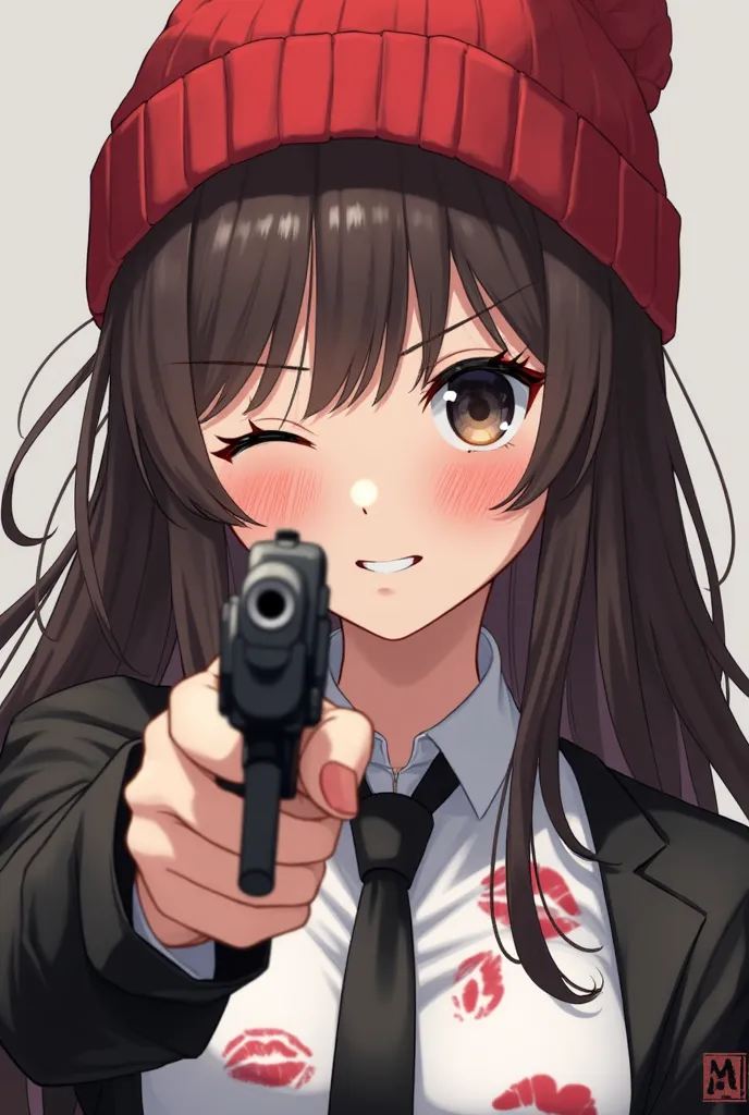 Female anime characters long dark brown hair with bangs on their faces red beanie hat serious smile looking straight ahead winking at the camera with a black gun pointed at the camera white shirt and black jacket with black tie lenses on the face and that ...