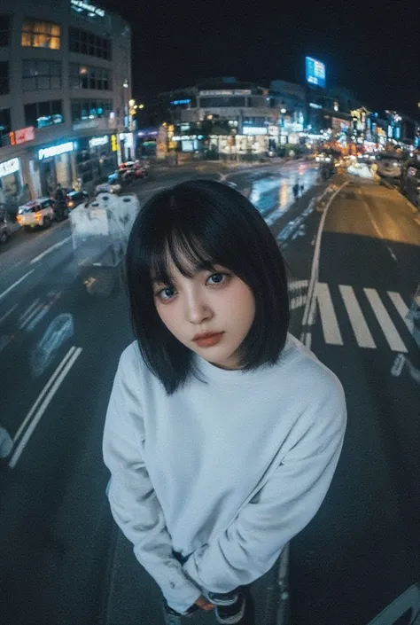 1girl, beautiful, medium hair, white oversize sweatshirt, oversize_shirt, sweatpants, night city, ((from above, fisheye, wide angle shot)), (photorealistic:1.2), (ultra realistic:1.3), (very detailed:1.1), ((masterpiece)),