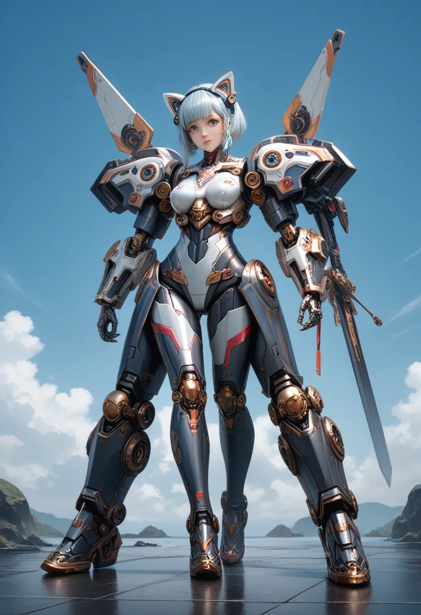 Anime character with sword and armor standing in front of the blue sky, mechanized valkyrie girls, , Gainoid Cyborg Body, girls in mecha cyber armor, biomechanical boobs, Full-body robot!! catgirls, Full-body robot!! girls, nanogirlsv 2, PC Screenshots, cy...